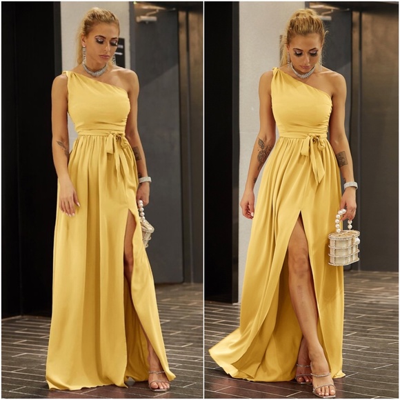 Luxe One Shoulder Belted Split Thigh Party Evening Wedding Dress - Picture 1 of 7
